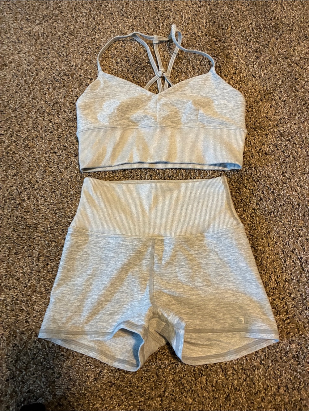 ALO Yoga Light Gray Strappy Sports Bra & High-Waist Shorts